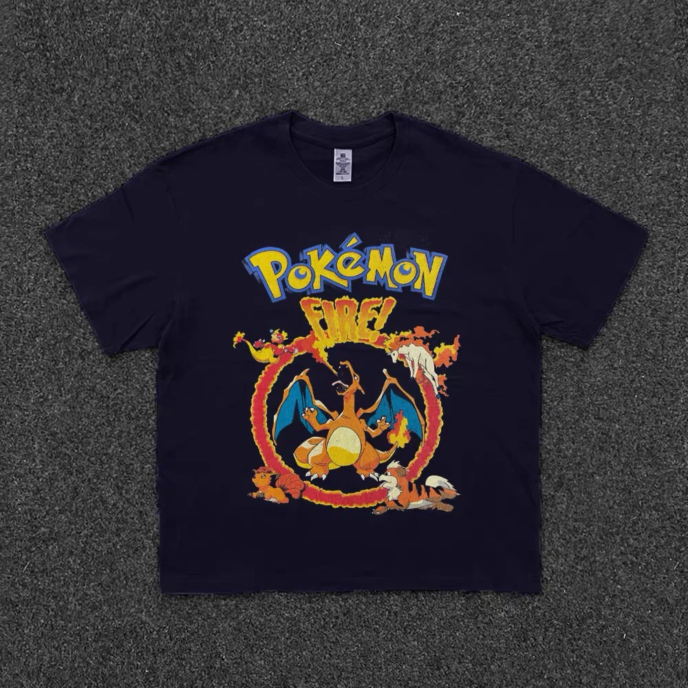 Vintage Fire‑Themed Creatures Graphic Tee, 90s Retro Game Inspired Unisex Oversized Heavyweight Cotton T‑Shirt