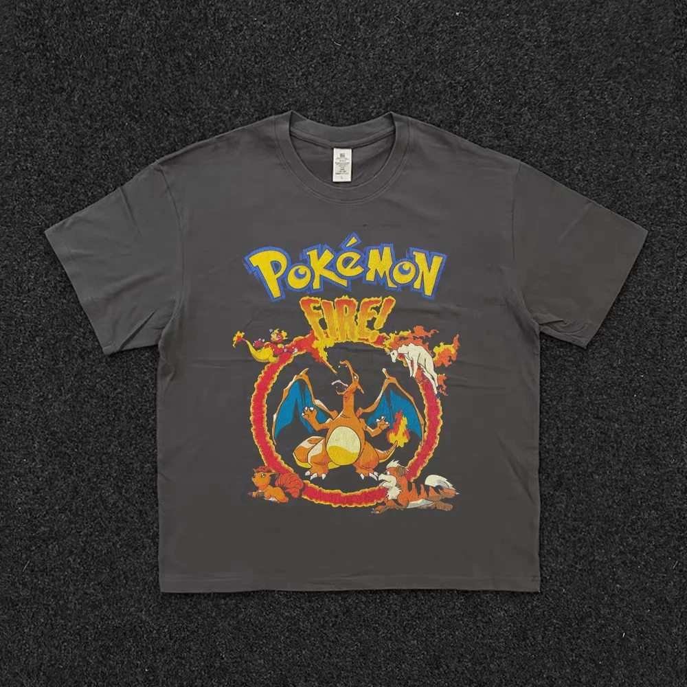 Vintage Fire‑Themed Creatures Graphic Tee, 90s Retro Game Inspired Unisex Oversized Heavyweight Cotton T‑Shirt